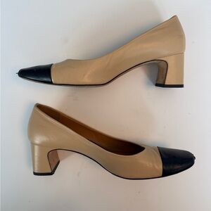 Two-Tone Leather Block Heel Pumps, Made in Italy